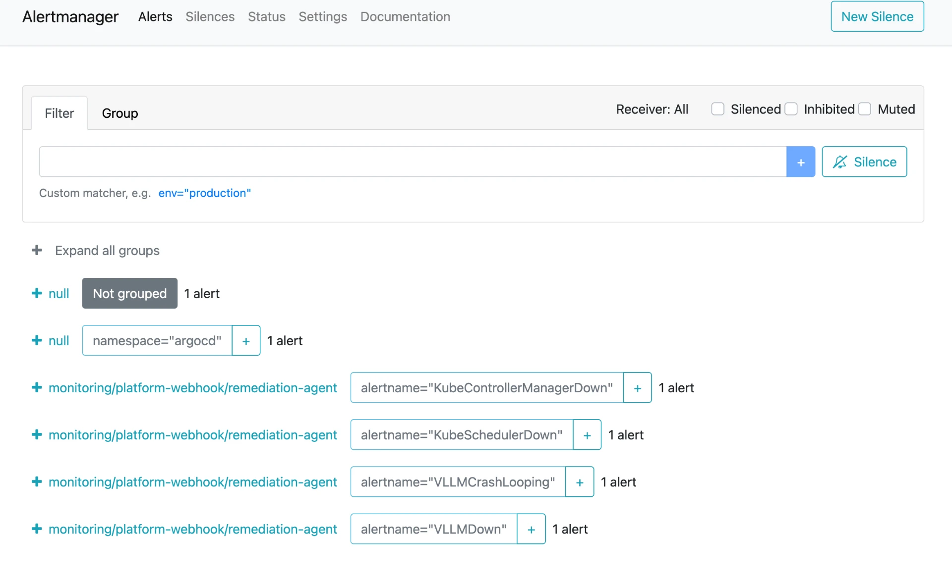 Alertmanager alerts view showing VLLMCrashLooping and VLLMDown routed to the platform-webhook remediation-agent receiver.