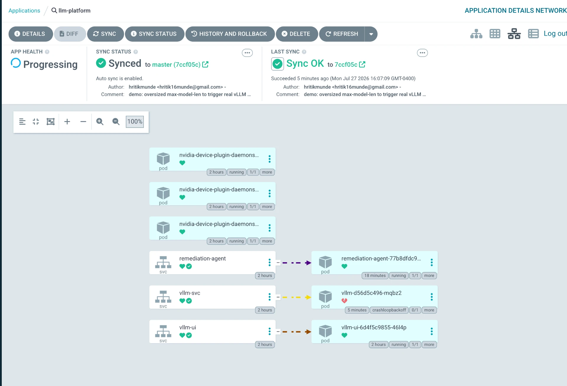 ArgoCD application graph for llm-platform showing the vLLM pod in CrashLoopBackOff while the remediation-agent pod is healthy and sync status is OK.