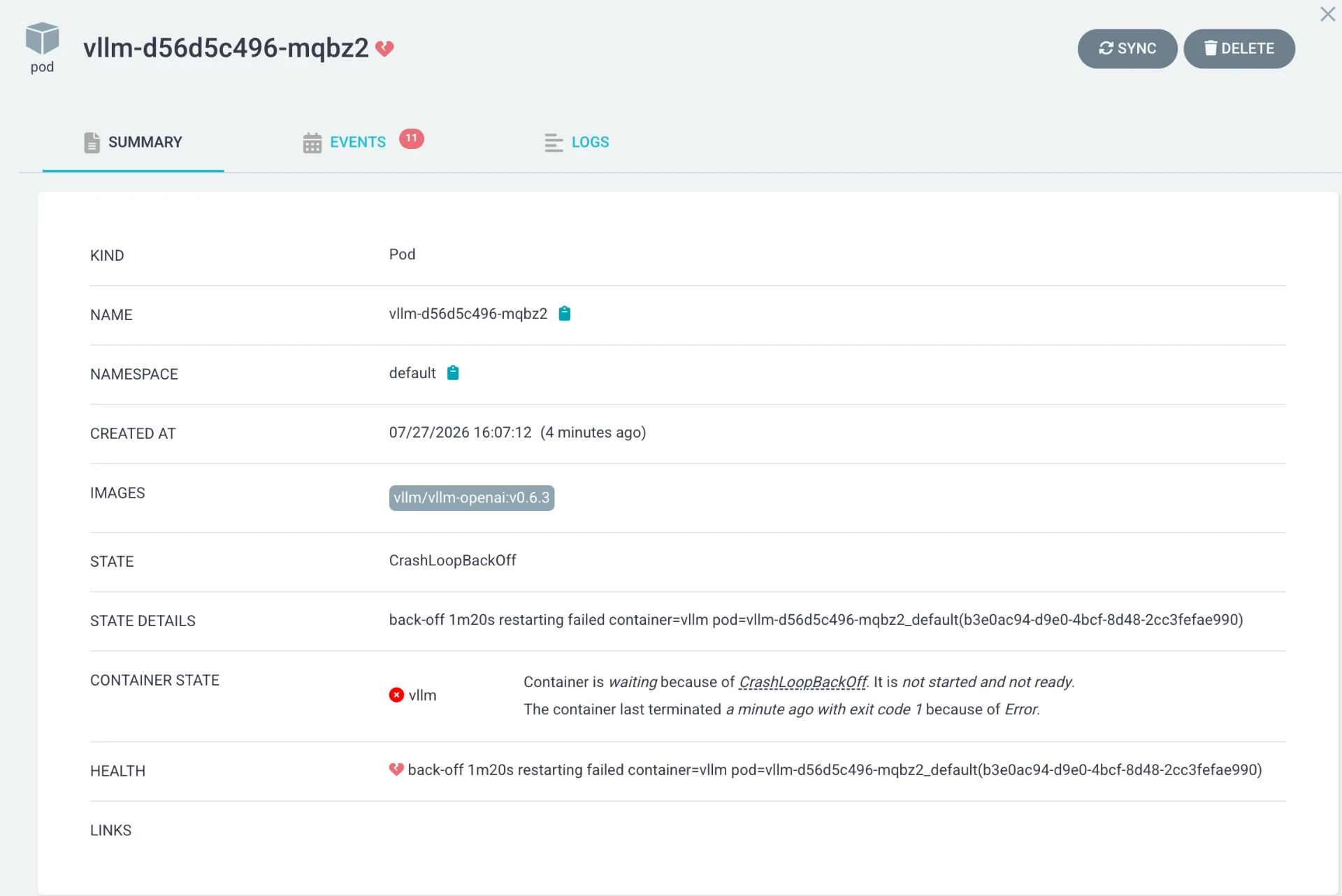 Kubernetes pod detail for vllm-d56d5c496-mqbz2 in CrashLoopBackOff, last terminated with exit code 1.