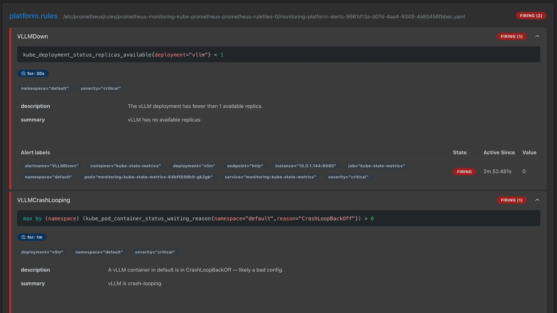 Prometheus platform.rules page showing the VLLMDown and VLLMCrashLooping alerting rules, both firing.